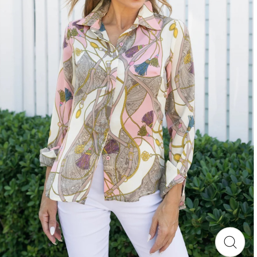 Jean Pierre Klifa copley Paris button up shirt tassels long slv pink beige Med